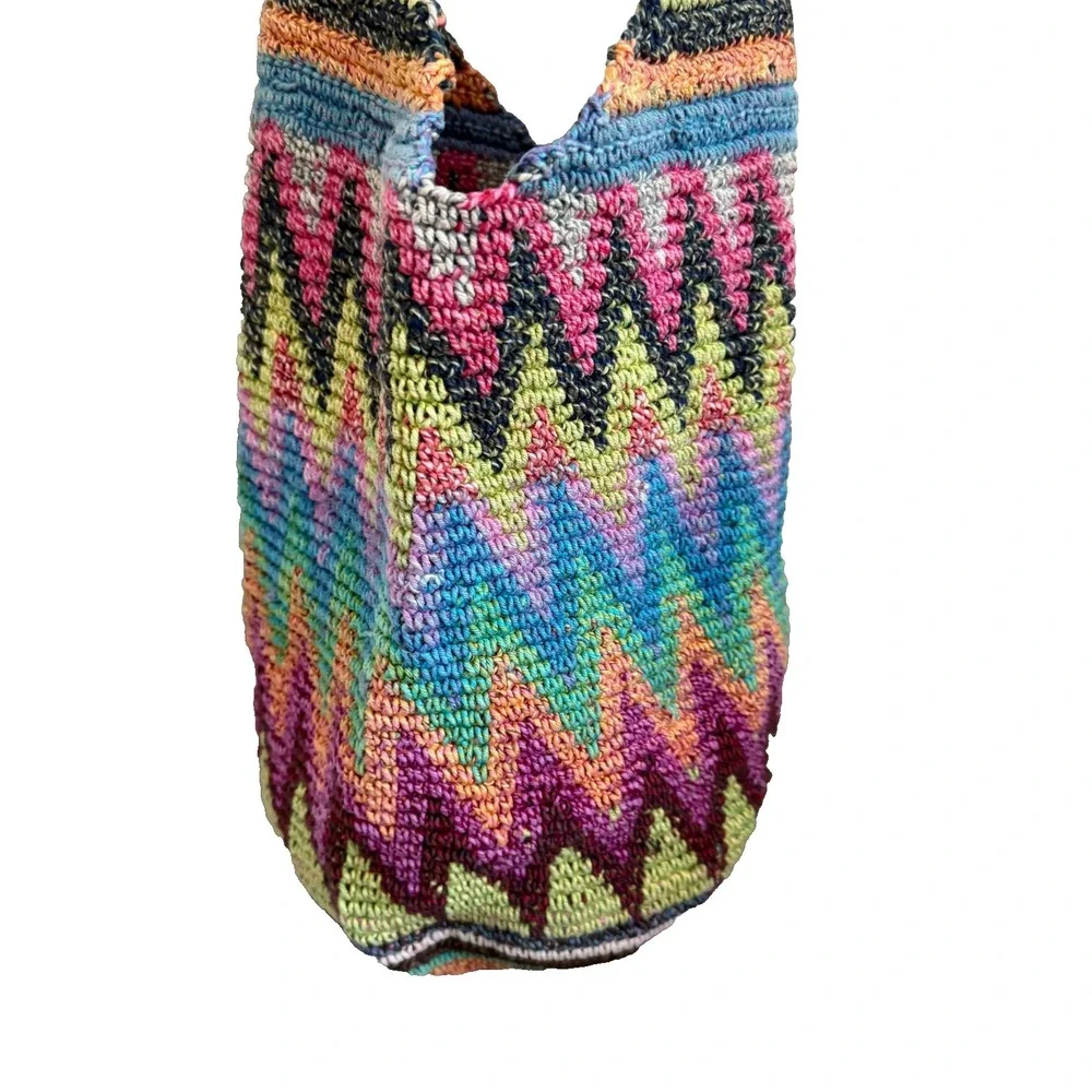 Vtg Y2K 90s Crochet Crossbody Bag Boho Rainbow Bucket Purse Hobo Hippie Festival